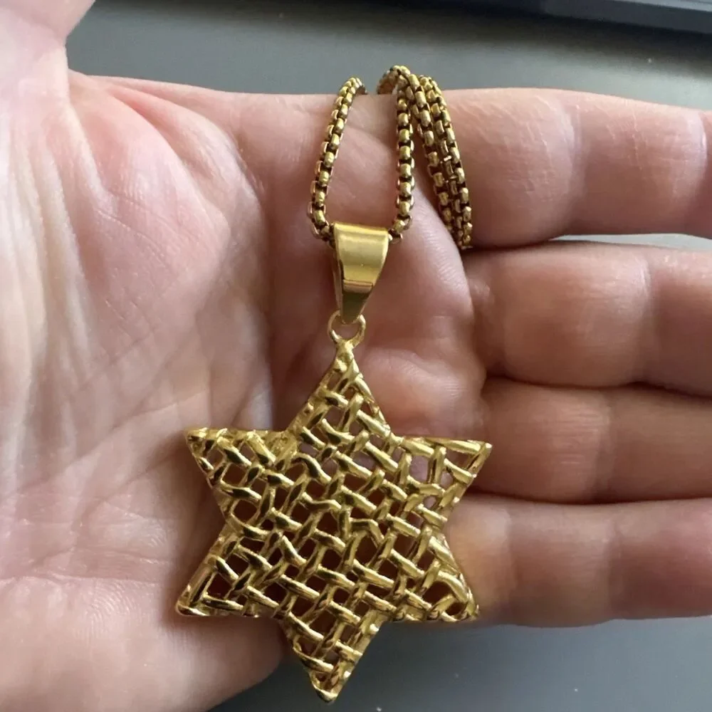 Stainless Steel Hebrew Jewish Israel Star of David 24” Necklace Gold Plated Gift